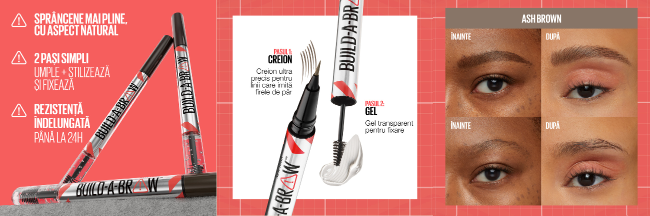 Creion de sprancene + gel de fixare Build a Brow, Ash Brown, 1.4 g, Maybelline
